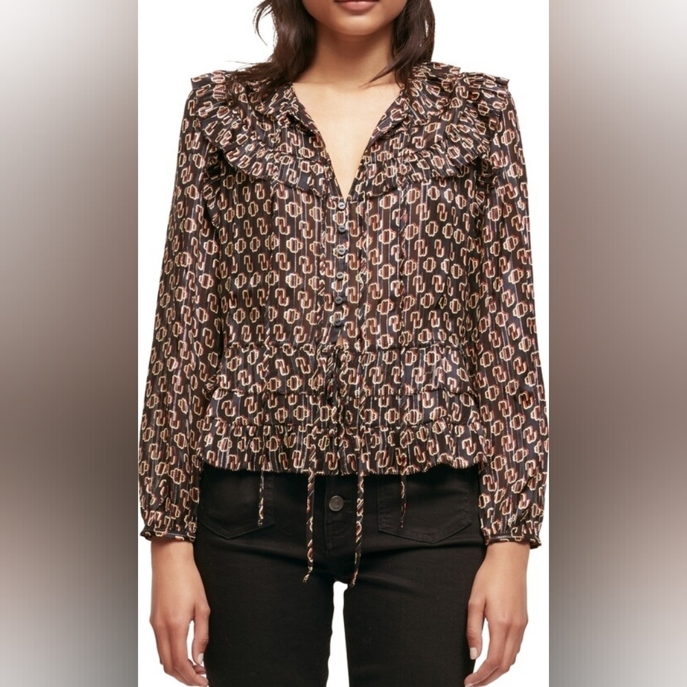 Maje Luzette Metallic Thread Print Silk Blend Boho style Blouse - Picture 2 of 15